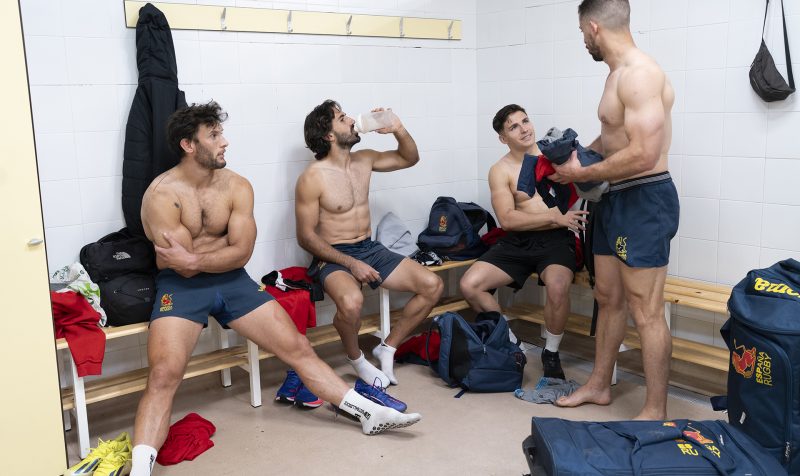 Players of Malaga men’s Rugby seven Club after the training in the changing room at City in the  of Málaga Athletics Stadium, on 12th March, 2025. Pol Pla, second left. Photo: Laura León